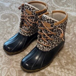 Sperry Leopard Print Duck Boots with Black Rubber Sole